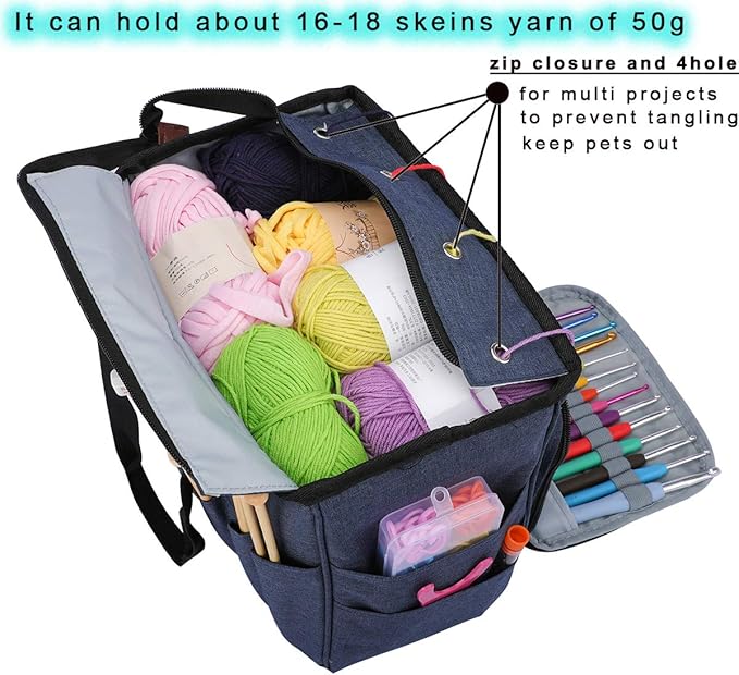 LOOEN Yarn Knitting Storage Tote-Large Capacity Crochet Organizer Portable Travel Bag With Shoulder Strap Crochet Hooks Case for Unfinished Bulk Project