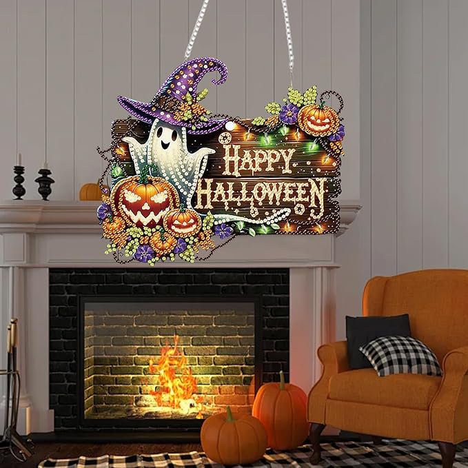 AIBOERL Diamond Art Hanging Kit for Adult,Special Shaped Rhinestone,Double Sided 5D DIY Acrylic Diamond Art Painting Window Pendants Home Garden Wall Hanging Kits Hanging Ornament (Halloween)