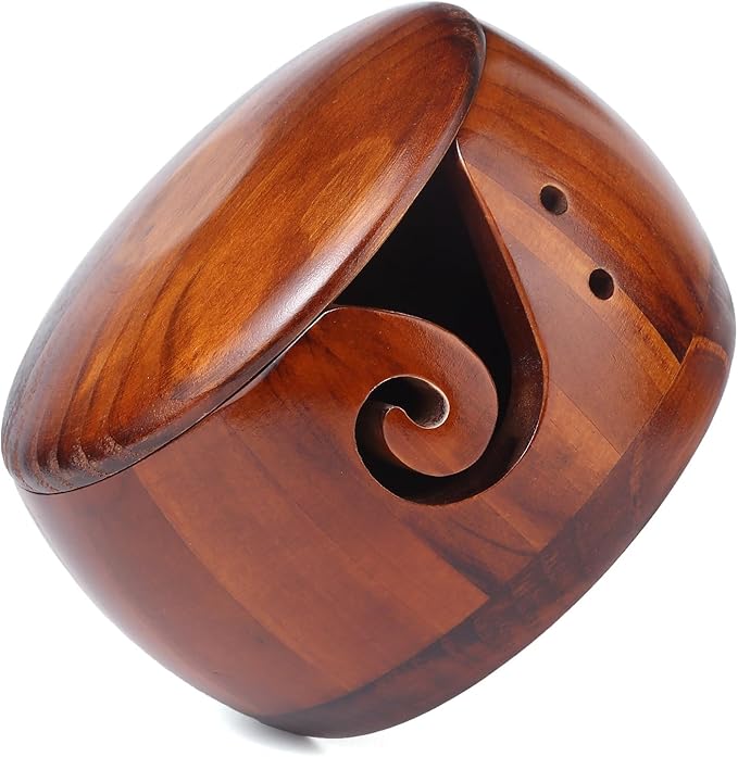 yarn bowl knitting 7x5.1in large wood knitting bowl with lid for yarn skeins round wooden bowl with carved holes crochet hook rests