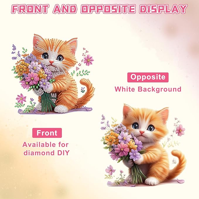 KEYIFA Cat Diamond Painting Kit, DIY Bouquet Diamond Art for Adults, Diamonds Pendant Special Shaped Rhinestone Window Hanging Ornaments Home Garden Wall Door Decoration, 20cm Width