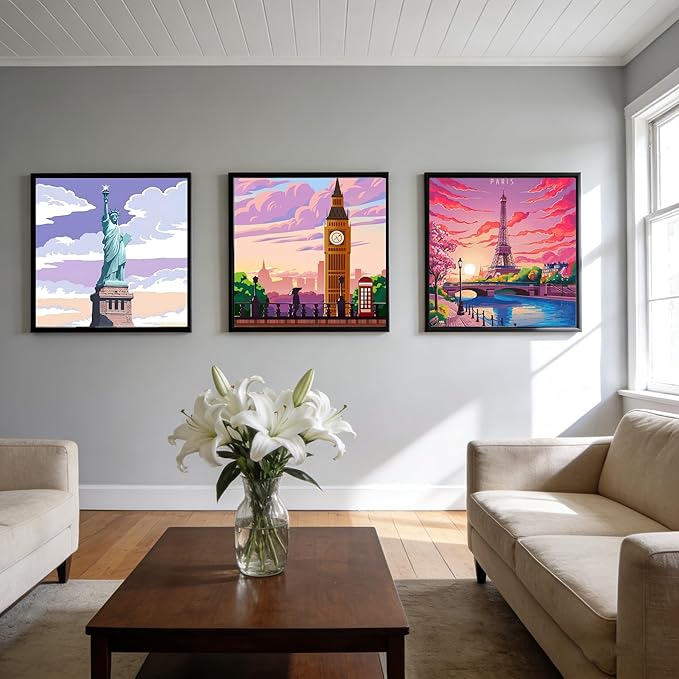 Canrichshop 6 Packs Paint by Numbers Kit for Adult Framed,City Landscape DIY Paint by Number on Canvas with Wooden Easel,Acrylic Oil Famous Buildings Painting Kit Adults for Decor 8x8inch