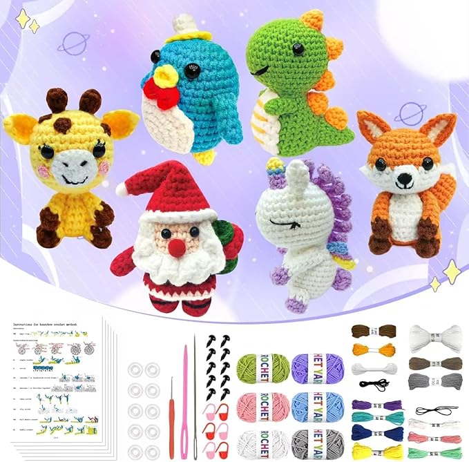 ZSDSZDZY 6Pcs Crochet Kit for Beginners, DIY Craft for Adults, Great Gife for Crochet Lovers, Crocheting Animal Kits with Step by Step Videos,Yarn,Crochet Hook,Birthday, Holiday Gift