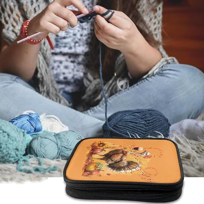 Hechitok Turkey Pumpkin Crochet Hook Case Portable Travel Crochet Storage Bag Organizer Zipper Bags with Web Pocket and Crochet Holder Slots for Crochet Knitting Accessories