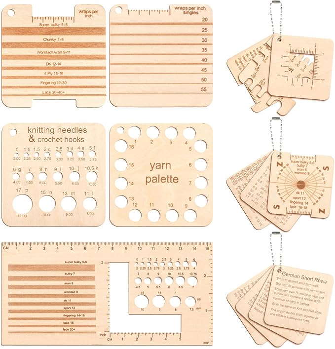 Eersida 15 Pcs Knitting Needle Gauge and Rulers Crochet Tools Knitting Accessories Wooden Yarn Gauge Tools with Chain Crochet Needle Rulers Yarn Measuring Tools