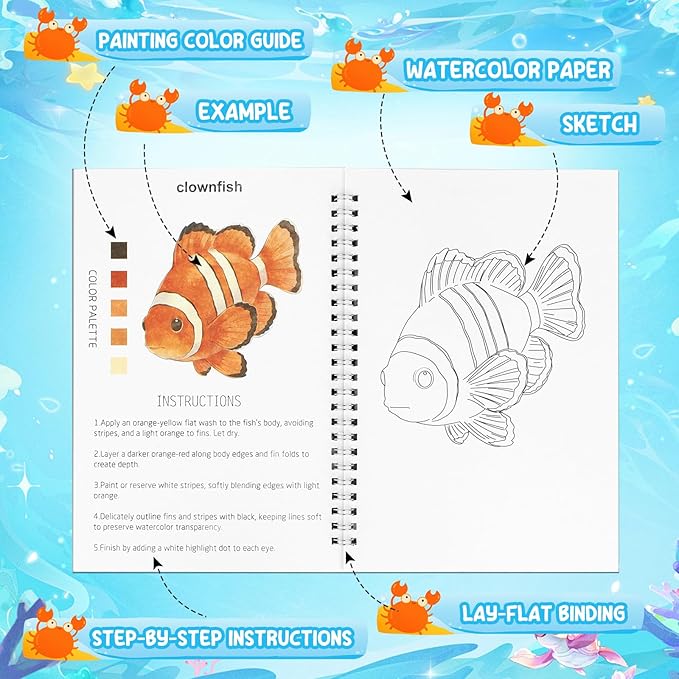 Ocean Watercolor Workbook for Beginners with 24 Colors Paint Set – Water Coloring Book with 12 Ocean Designs, Step-by-Step Painting Guide, Relaxing Watercolor Workbook Art Kit for Adults Teens