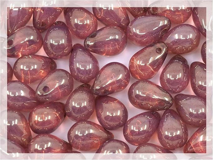 Czech 50-Piece Glass Beads, 6x9mm, Teardrop Opal White Pink Luster (14495)