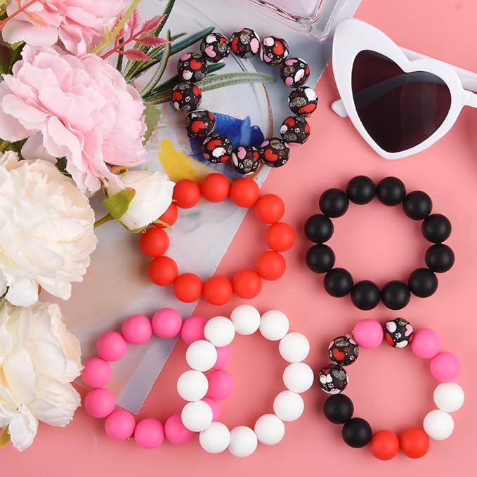 ASTARON 100 Pcs 15mm Silicone Beads for Keychain Making, Red Pink Black White Silicone Beads Bulk Round Beads for Bracelets Pens Crafts Supplies