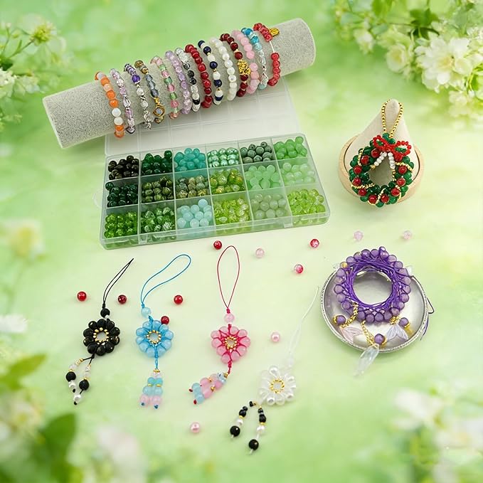 Hanyoung St. Patrick 8mm Glass Beads for Bracelet,18 Colors 450 pcs Green Beads for Jewelry Making kit, Crystal Glass Round Beads for DIY Crafts Gifts (Green Color)