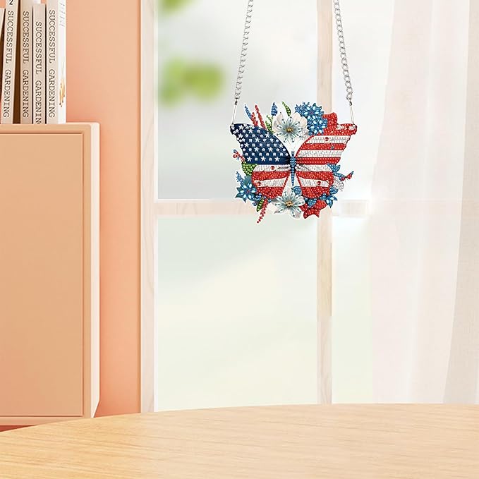 4th of July Diamond Painting Hanging Ornament Kit, Patriotic American Flag Butterfly Wreath DIY Diamond Art Acrylic Pendant, Diamond Painting Kit for Adults Independence Day Home Window Wall Decor