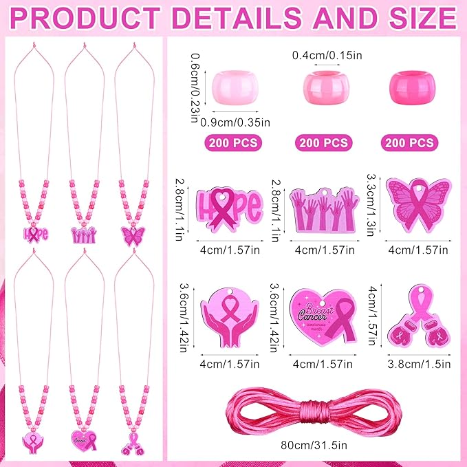 RZJSLSHANHAI 24 Sets Mother's Day Beaded Necklace Making Kit Pink Ribbon Beads Necklace DIY Crafts with Pink Ribbon Pendants Rope for Girl's Gift