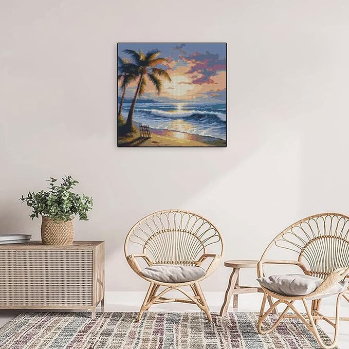 beach sunset stamped cross stitch kits - tree counted cross stitch kits for beginners adults needlepoint cross-stitch patterns dimensions needlecrafts embroidery kits arts and crafts 13.7x13.7 inches