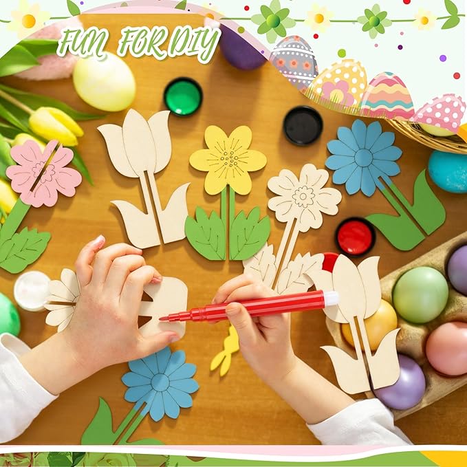 MotiMind 60 Pcs Spring Crafts Set 48 Pcs Wood Flowers to Paint Unfinished Wood Tulip Slices 3D Wooden Cutouts with 12 Colored Pens for Mother's Day Wedding Summer Crafts Tiered Tray Table Decor