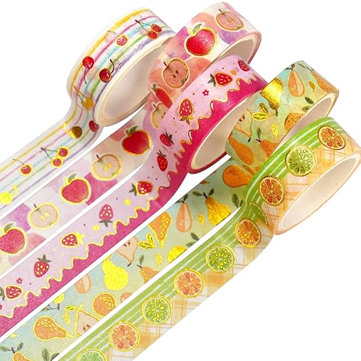 Fruits Washi Tape Set 10 Rolls Harvest Orchard Patterns Gold Decorative Tapes for Journals, Planners, Scrapbooking, Gift Wrapping, DIY Crafts (Fruits)