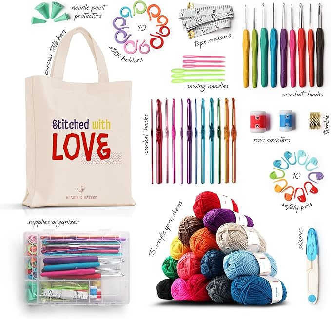 crochet kit for beginners adults and kids, 73 piece knitting & crochet supplies includes 1500 yards assorted yarn, 21 ergonomic hooks, plus many accessories – beginner crochet kits ideal for amigurumi