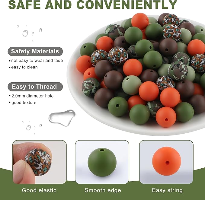 150Pcs Mixed Color 15mm Silicone Beads for Keychain Making, Orange Bean Green Print Silicone Beads for Pens and Bracelet Jewelry Making