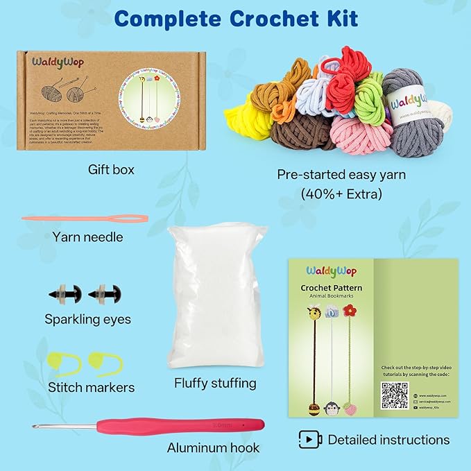 WaldyWop Crochet Kit for Beginners: 3 Animal & Flower Bookmarks Knitting Kits for Starter w/Easy Yarn, Crochet Hook&Easy Video Tutorials-Wobbles Crochet Animal Kit for Adults, Birthday Gifts for Women