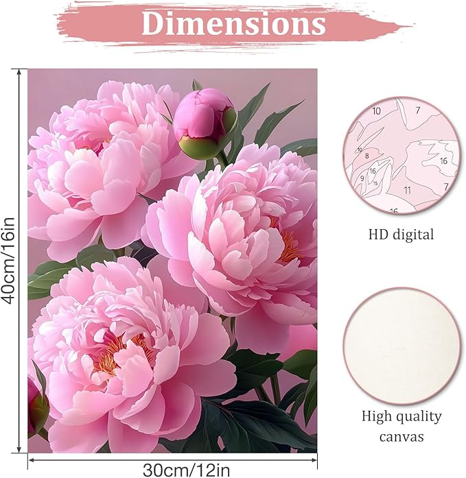 MAXBYE Pink Peony Paint by Numbers for Adults, Flower Paint by Number on Canvas Without Frame, DIY Easy Oil Painting for Home Wall Decor Gift 12x16inch