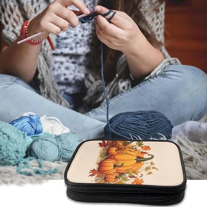 Hechitok Pumpkin Maple Leaf Crochet Hooks Case Zipper Bags Portable Crochet Storage Bag with Web Pocket and Crochet Holder Slots for Carrying Crochets Needles