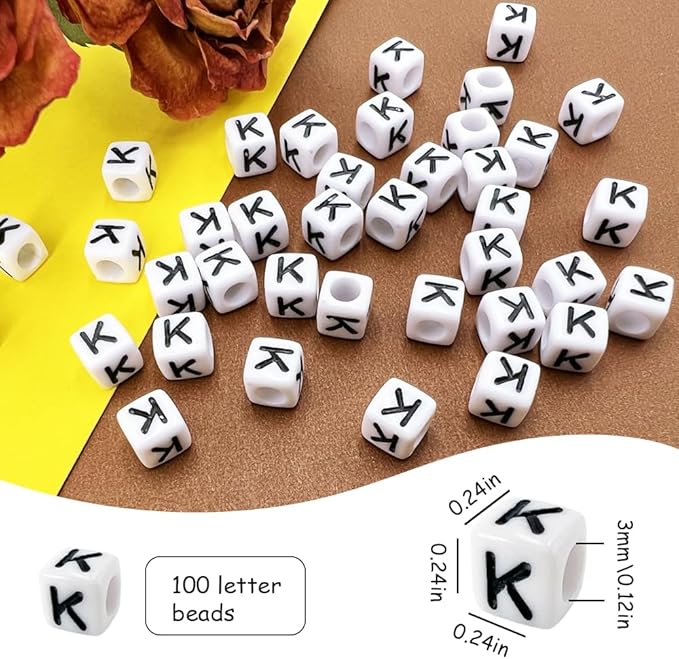 MIIIM 100pcs Pony Beads Letter K for Keychains Making, 6x6mm Large Hole Square Letter Beads for Bracelets Making, Alphabets, Numbers (White and Black)