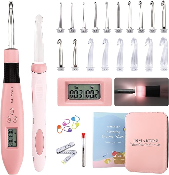 inmaker light up crochet hook set, 18in1 lighted crochet hook with counter, crochet needles gifts for beginners, arthritic hands(2.0-14.0mm)