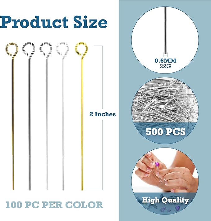 Mandala Crafts 500 Assorted 2 Inch Metal Eye Pins for Jewelry Making Earring Making Supplies Jewelry Findings Open Eye Head Pins for Earrings DIY Bracelets Rosary Charms