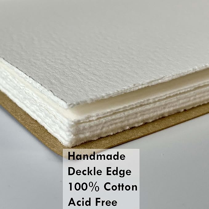 tumuarta Deckle Edge Watercolor Paper Sketchbook, 100% Cotton Vintage Leather Journal, 140 Lb, 300 GSM, 24 Sheets Handmade Diary for Mixed Media Techniques. (Brown, 6"x4")