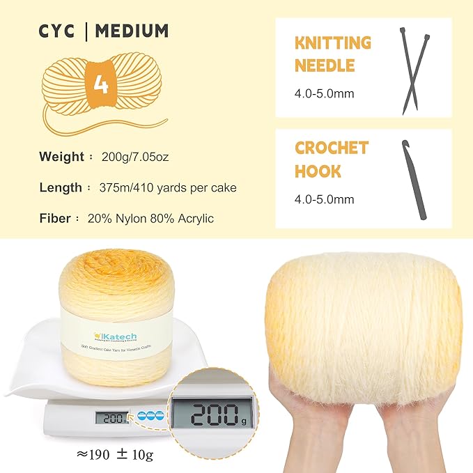Katech Ombre Yarn for Crocheting-Large Skein of Gradient Yarn Cake-2 Pack of 200g/7.05 oz-80% Acrylic,20% Nylon- #4 Medium-Perfect for Star Blankets, Scarves, Shawls and Garments (G)