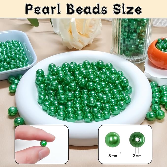 Pearl Beads for Jewelry Making Holes ABS Craft Beads with Holes for Jewelry Making, Bracelet, Necklace Crafting Bulk Bead Kit (8mm, Green/750 pcs)