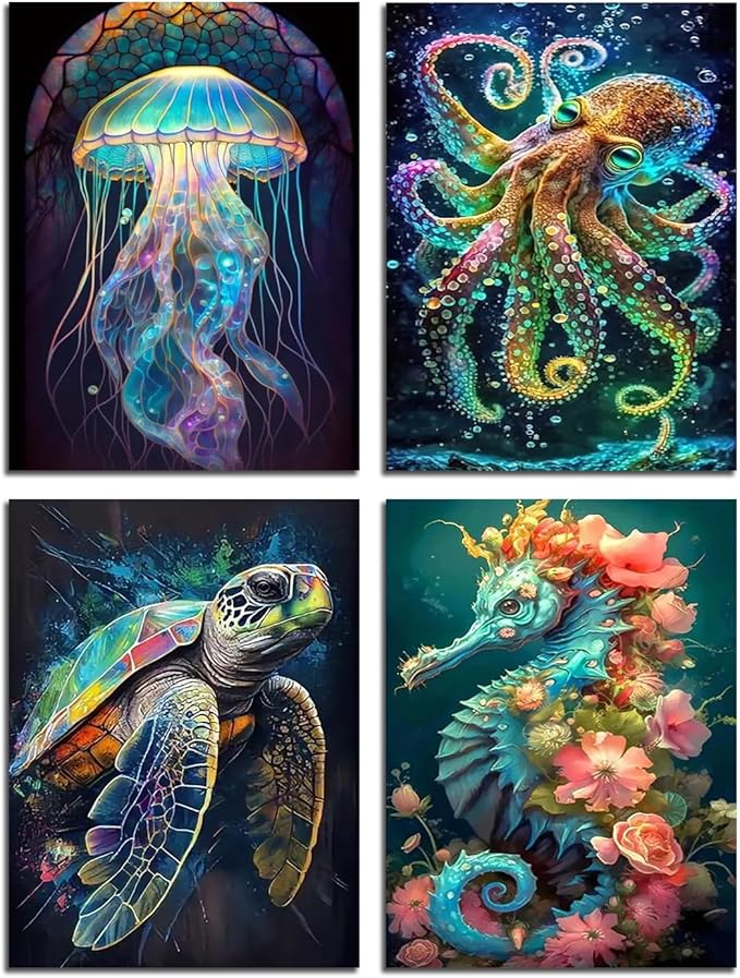 Muzagroo Art 5D Diamond Painting Kits for Adults, DIY Diamond Art Kits for Beginners, Turtle Diamond Dot Kits Gem Arts and Crafts for Living Room, Gem Painting Bedroom 4 PCS Wall Art