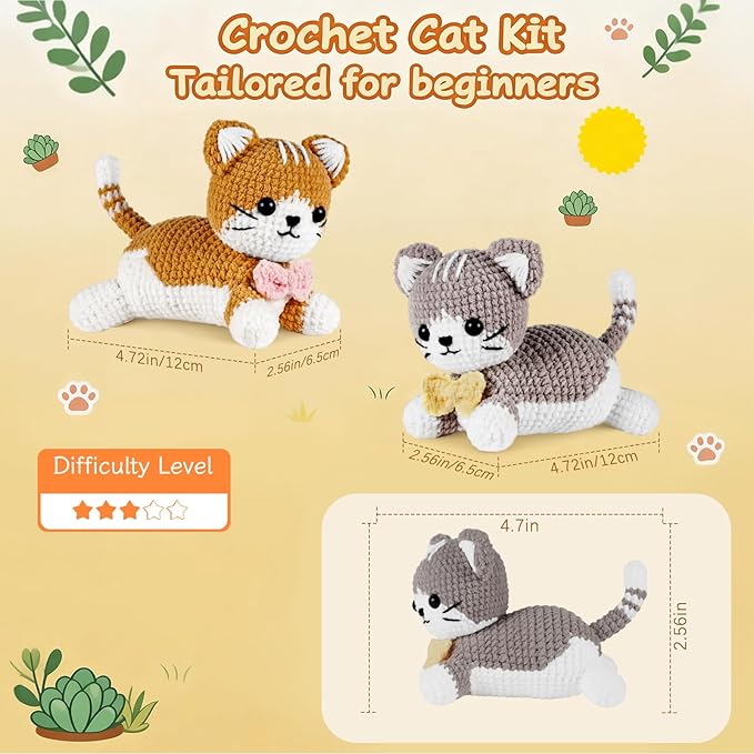 AI.QVOKA Crochet Kit for Beginners Kids Ages 8-12, Learn to Crochet Kit for Adult Beginners | Cat Crochet Animal Kit with Step-by-Step Video Tutorials – Perfect Crochet Gifts for Girls (2 Pack)