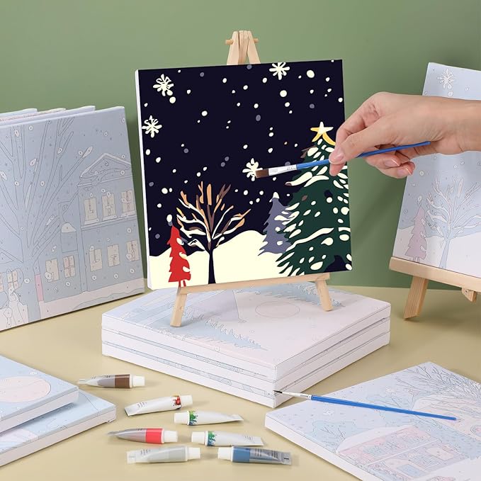 Nezyo 12 Sets Paint by Numbers Kit with Frame for Adult Beginners, Paint by Number DIY Acrylic Painting Canvas for Painting Party, Classroom Activity Birthday Gift, 8 x 8 Inch