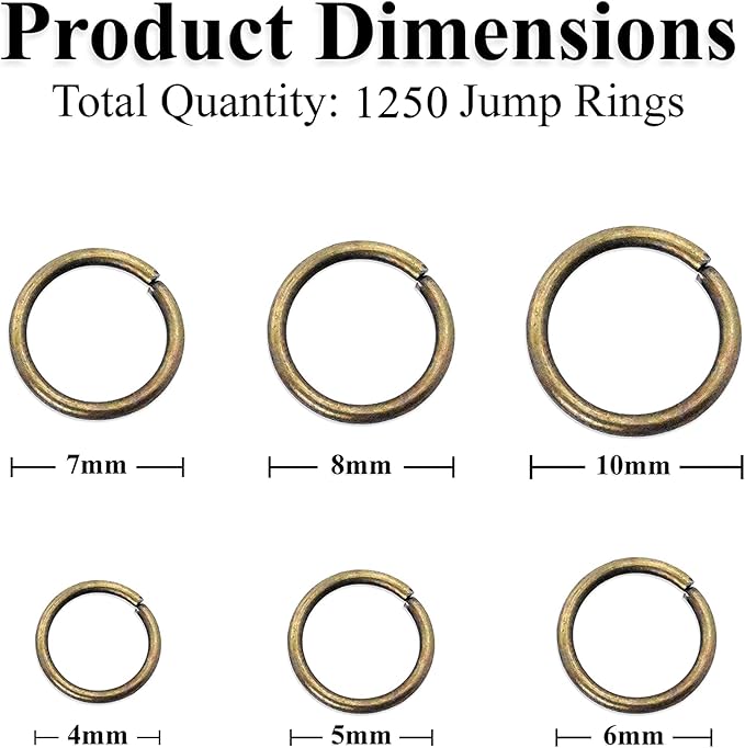 Mandala Crafts Assorted Antique Brass Jump Rings Jewelry Findings Metal O Rings for Jewelry Making Supplies - 1250 4mm to 10mm Small Open Jump Rings Kit for Necklace Earring