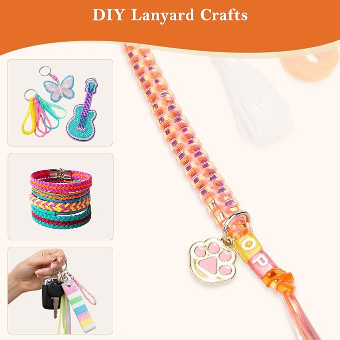 PP OPOUNT Lanyard String Kit for Summer Camp Adults – 15 Plastic Gimp Strings with 40 Keychain Accessories & Instructions, DIY Bracelets Keychains Adults Gift Craft Set(Solid/Glitter/Laser Colors)