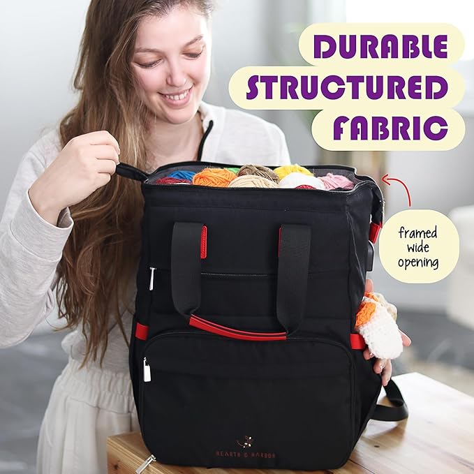 Hearth & Harbor Crochet Backpack, Crochet Bag Organizer, Canvas Knitting Bag, Yarn Organizer for Crochet Accessories and Supplies, Travel Yarn Bag with USB Charging Port, Yarn Storage Organizer