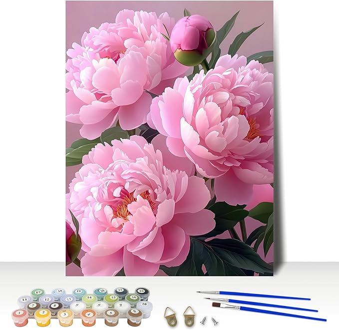MAXBYE Pink Peony Paint by Numbers for Adults, Flower Paint by Number on Canvas Without Frame, DIY Easy Oil Painting for Home Wall Decor Gift 12x16inch