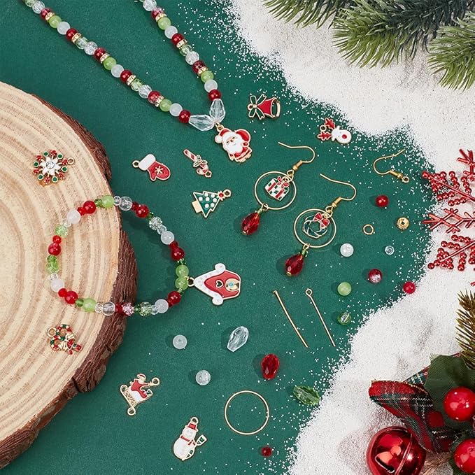 PH PandaHall 873pcs Christmas Earrings Making Kit, 4/6/8mm Red Green Beads Santa Claus Glove Snowflake Wreath Alloy Enamel Charms Earring Hooks Jewelry Findings for DIY Earrings Craft Jewelry Making