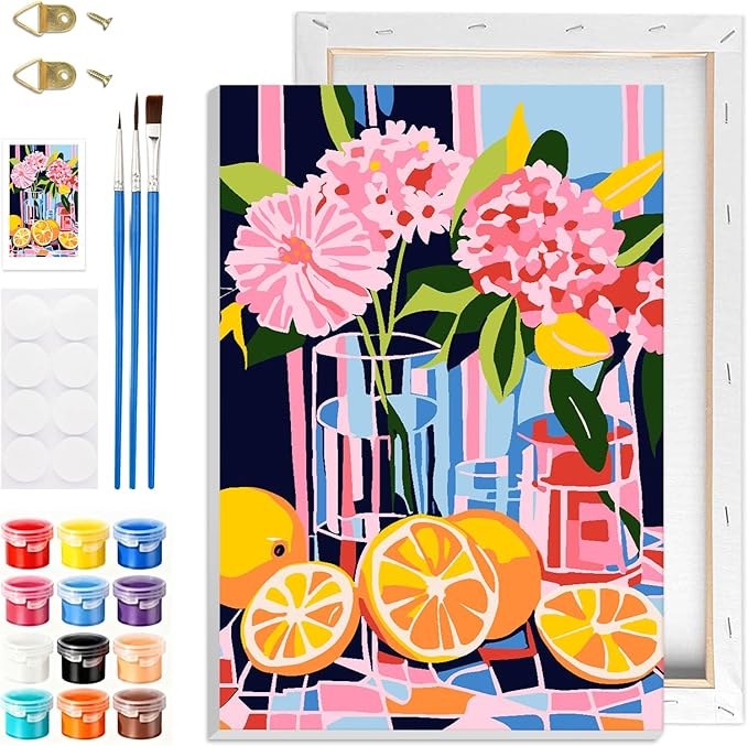 GHHKUD Flowers Paint by Numbers with Frame for Adults Beginners, DIY Lemons Paint by Numbers for Age 6-12, Art on Canvas Gifts Home Wall Decor 8x12in
