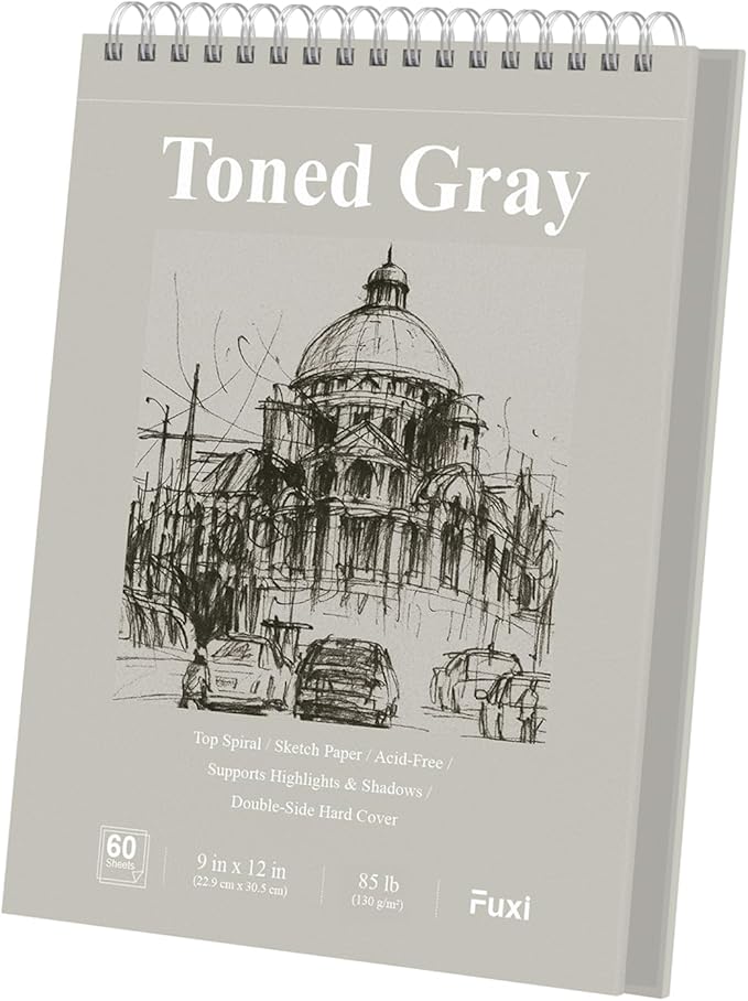 fuxi toned grey sketch pad, 9x12 spiral sketchbook, 60 sheets (85lb/130gsm) art paper, artist paper for drawing with pencil, charcoal for artists & students, art class.