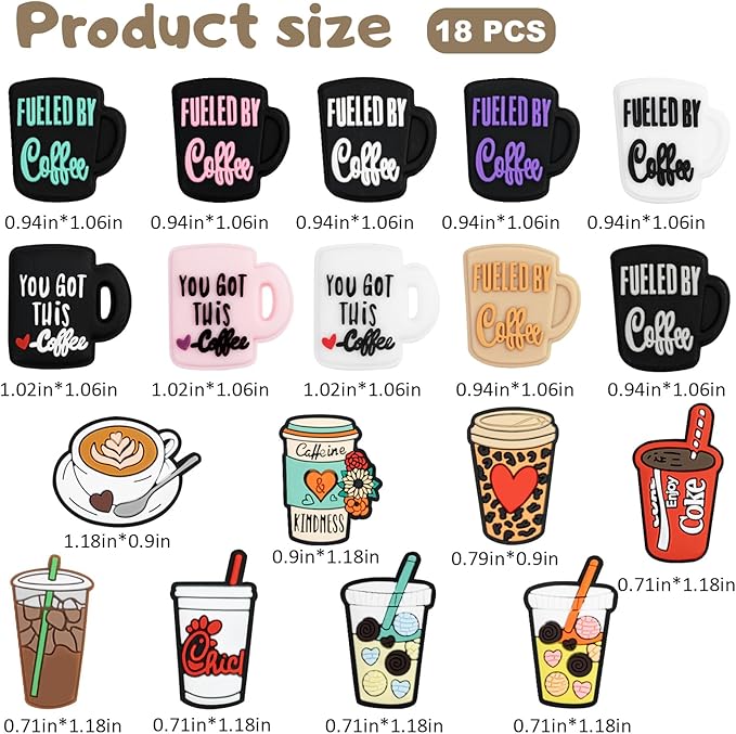 Fantasyon Silicone Focal Beads for Pens Coffee Cup Silicone Accessory Kit 18 Pcs Colorful Round Silicone Beads for Keychain Making Bracelet Necklace Handmade Crafts (Cup 1)