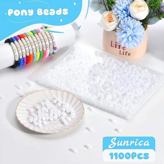 sunrica 1100pcs white pony beads 6x9mm bulk large hole plastic beads for kandi, hair braids, keychains, jewelry making