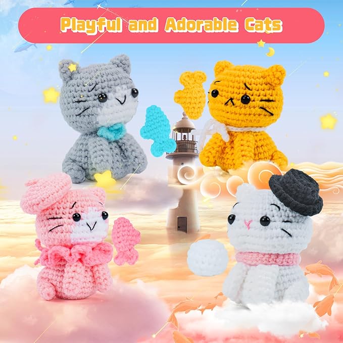 fortuning's jds crochet kit for beginners - cat crochet kit with step-by-step video tutorials, learn to crochet kits for adults, 4 pcs crochet animals cat with hat, toy, fish crocheting set