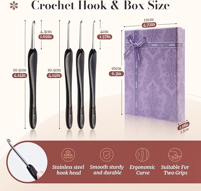 Yarniss Artisan Stainless Steel Crochet Hooks Set,2.0-4.0mm Handmade Crochet Needle with Ebony Handle for Beginners,Gift for Crocheter