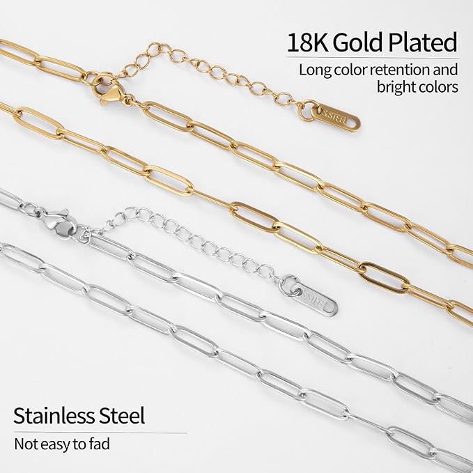 16 Pack 4mm 18K Gold Plated Paperclip Charm Necklace Chains Bulk for Jewelry Making 18Inch 18K Gold Plated and Stainless Steel Necklace Chain with 2 Inch Extension Chain for Women