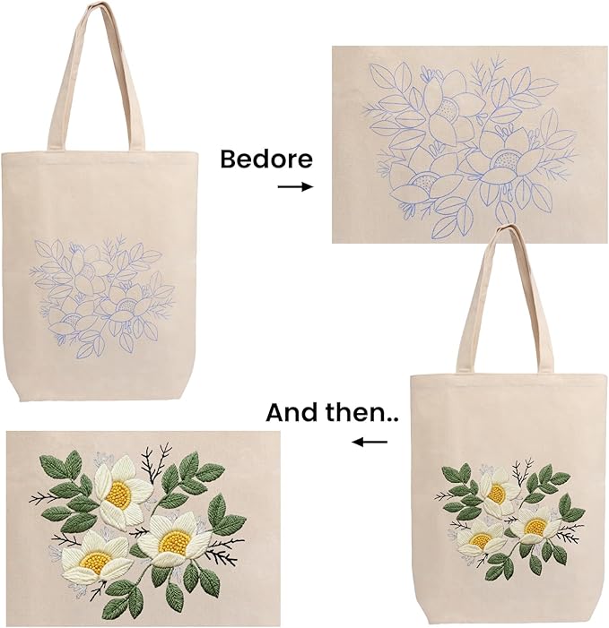 CREAWONDER Canvas Tote Bag Embroidery Kit with Pattern for Beginners, Arts and DIY Embroidery Crafts Kits for Adults, Include Instructions, Embroidery Hoops, Color Threads and Tool
