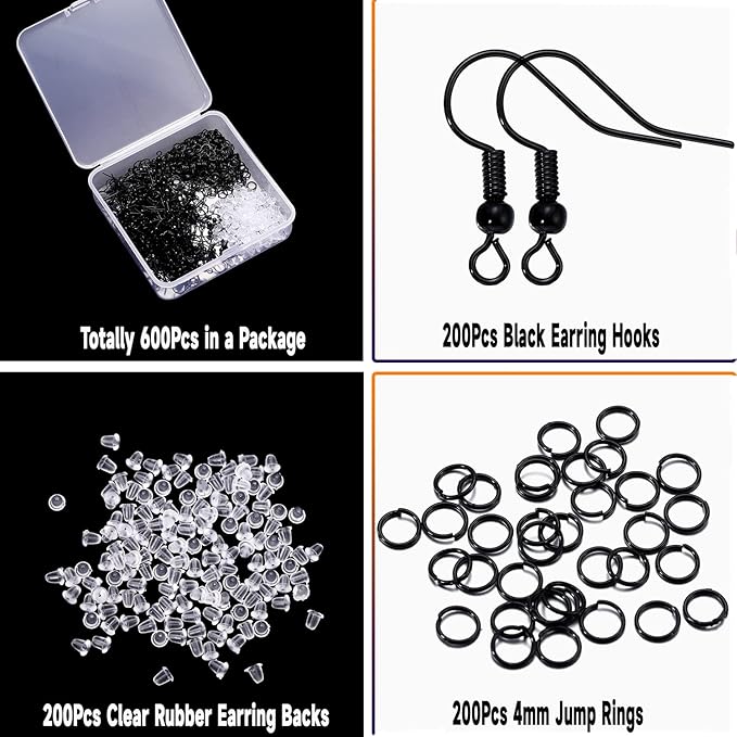600Pcs Hypoallergenic Earring Hooks, Black Earring Making Kit, with Earring Backs and Jump Rings for Jewelry Making (Black)