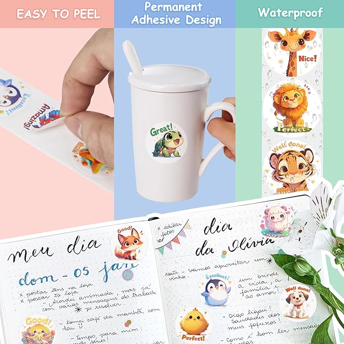 3 rolls animal stickers for kids, 1500 pcs kids stickers bulk for toddlers 2-4, 24 designs farm/ocean/wild cute sticker with motivational words for kid reward, school supplies (1.0 inch)