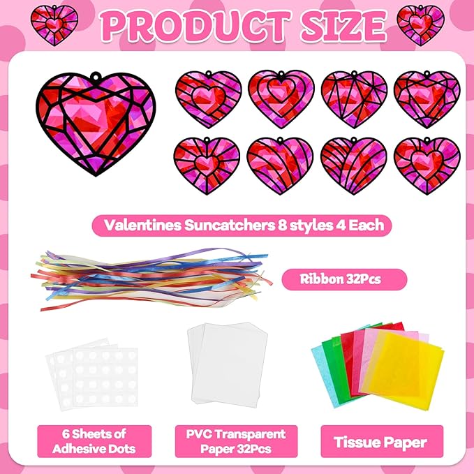 32 Sets Valentines Suncatchers Craft Kit DIY Heart Window Stained Glass Effect Paper Pink Love Home School Classroom Decoration Valentines Art Craft Creative Activity Project Kid Gift Favor