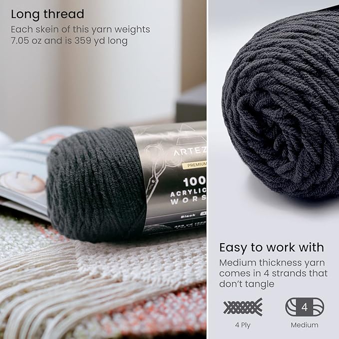 ARTEZA Acrylic Yarn for Crocheting, 4 x 200-g Skeins of Worsted Yarn for Knitting, Black A008, Knitting & Crochet Supplies
