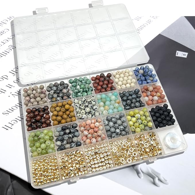Jewelry Making Supplies Kits Natural Stone Beads Round Gemstone Beading with Spacer for DIY Craft Bracelet Necklace Earrings for Adults (6mm)