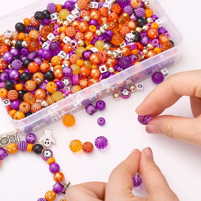2381PCS+ Halloween Beads and Charms for Jewelry Making Purple Orange Black Heishi Letter Round Beads Ghost Boo Bat Pumpkin Witch Pendants for Holiday Party Necklace Bracelet Jewelry DIY Supplies